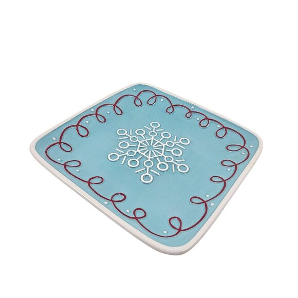 Hallmark Snowflake Ceramic Plate Blue White Red Accents Holiday Display Square - Picture 9 of 9